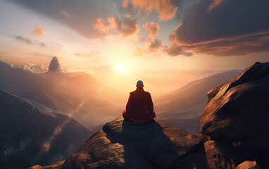 Buddhist monk meditating at the top of the mountain at sunrise. Generative Ai illustration - obrazy, fototapety, plakaty
