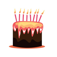 Birthday chocolate cake with candles on white background