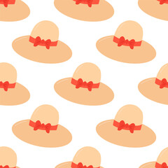 Color seamless pattern of various summer elements. Pink hat with a bow. Fashion design, packaging, background. Vector flat illustration.