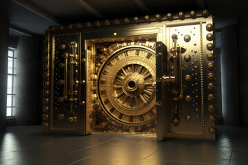 Gold safe deposit vault at a bank - obrazy, fototapety, plakaty