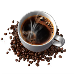 A cup of coffee surrounded by coffee beans on a transparent background png isolated Generative Ai
