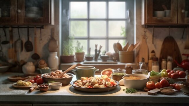 Preparing a meal in the kitchen. A full table set. Gourmet cuisine. Italian food. Mediterranean cuisine. Lights entering through the window. Blurred background.