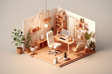 Ai Generated, 3d illustration, Isometric home office, concept of work from home, Work Life Balance with furniture used in daily life. in white and wood tones.