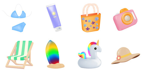 Set of summer elements. Collection of 3d vector beach accessories in cartoon style on white background. Vector illustration.