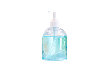 Alcohol gel in a clear plastic pump bottle, protection against germs, epidemics, isolated on white background with clipping path