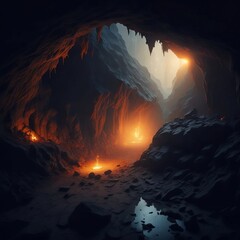 Lights inside a cave and mountains, rocks, night. Generative AI