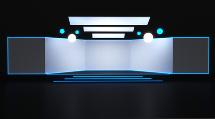Obraz premium Empty stage design for mockup and corporate identity, display. Platform elements in hall. Blank screen system for graphic Resources. Scene event led night light staging. 3d rendering for online.