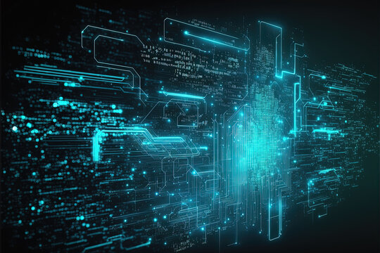 Abstract digital code technology neon background in cyberspace matrix. Generative AI