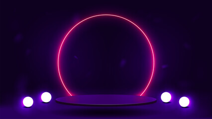 An empty podium with a bright pink neon round frame. A platform with bright white glowing balls on a purple background.