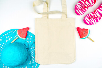 Tote Bag mockup on white background. Eco-friendly, reusable canvas carry bag. Summer beach theme.