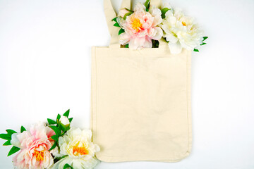 Tote Bag mockup on white background. Eco-friendly, reusable canvas carry bag. Bridal wedding feminine floral peony rose theme.