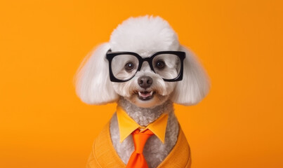 cute Poodle dog in studio wearing sunglasses over yellow background, pet cute portrait isolated animal..