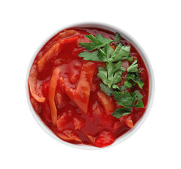 Delicious lecho in bowl isolated on white, top view