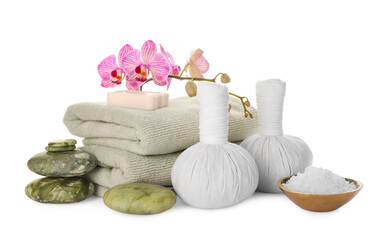 Beautiful spa composition with different care products and flowers on white background