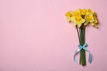 Bouquet of beautiful yellow daffodils on pink background, top view. Space for text