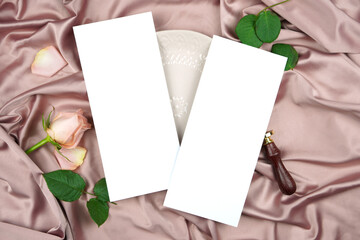 Double sided 4x9 menu card wedding stationery suite mock-up styled with vintage wax seal, and pink...