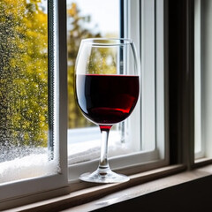 red wine in a glass on windowsill. Generative AI.