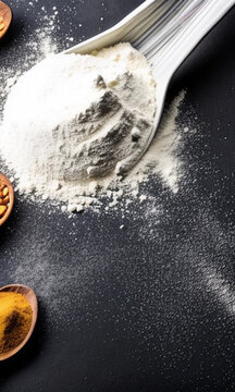 Flour on a dark grey background, top view foodphotography style. Generative AI.