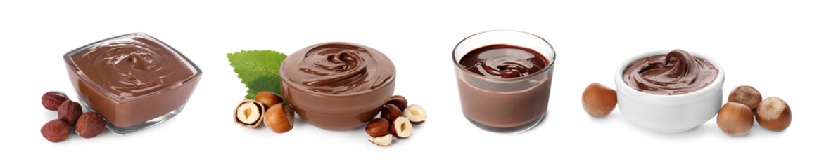 Yummy chocolate paste in bowls and hazelnuts on white background, collage design