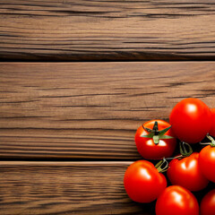 tomatoes on wooden background, top view. Generative AI.