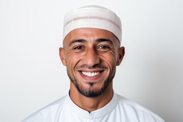 Portrait of a happy muslim man wearing a headscarf