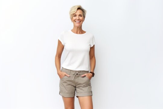 Lifestyle portrait photography of a pleased woman in her 40s that is wearing knee-length shorts against a white background . Generative AI
