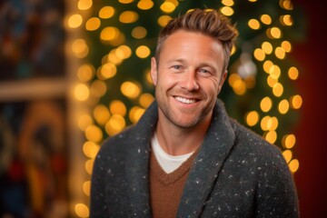 Obraz premium Portrait of a handsome young man in a warm coat on the background of a Christmas tree.