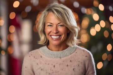 Fototapeta premium Portrait of a beautiful mature woman smiling at the camera against blurred Christmas lights