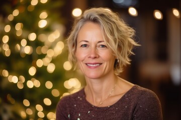 Portrait of smiling mature woman at home in front of christmas tree
