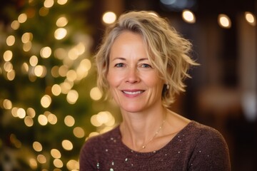 Obraz premium Portrait of smiling mature woman at home in front of christmas tree