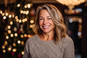 Portrait of a beautiful woman smiling in front of a Christmas tree