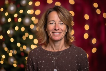 Portrait of smiling senior woman with christmas lights in the background