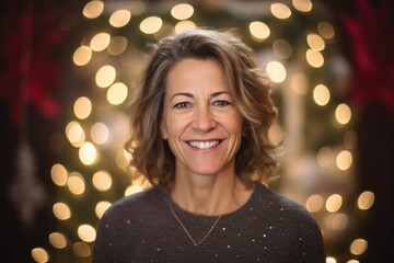 Portrait of smiling middle aged woman with Christmas lights in the background