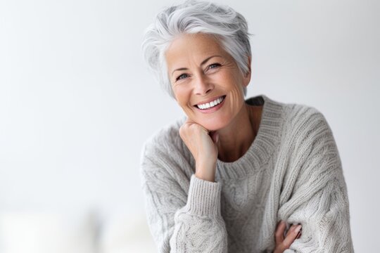 Portrait of a smiling senior woman standing with arms crossed at home