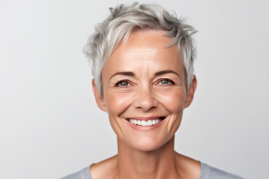 Close-up portrait photography of a pleased woman in her 50s that is wearing knee-length shorts against a white background . Generative AI