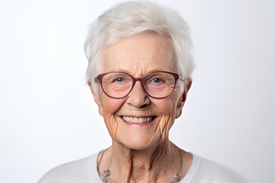 Headshot portrait photography of a grinning woman in her 80s that is placed against a white background