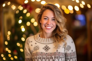 Portrait of a beautiful woman with christmas lights in the background