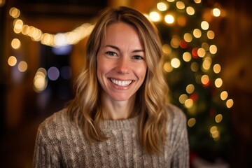 Portrait of smiling woman with christmas lights in background at home