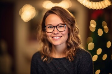 portrait of smiling young woman in eyeglasses over christmas lights