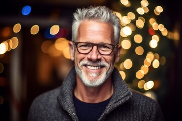 Fototapeta premium Portrait of a happy senior man with eyeglasses against blurred lights