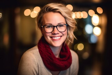 Portrait of a beautiful young woman wearing glasses and a red scarf