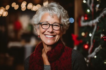 Portrait of smiling senior woman in eyeglasses at christmas