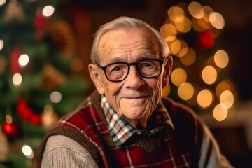 Portrait of a senior man with glasses in front of a Christmas tree