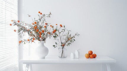 Fototapeta na wymiar A white room with a white table and plants. Generative AI. 