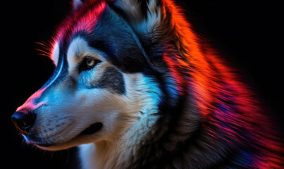 Neon Portrait of a cute siberian husky dog