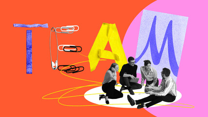 Employee sitting on floor and talking. Meeting, brainstorming, discussion of projects. Contemporary art collage. Well-coordinated and friendly team. Concept of business, office lifestyle, success