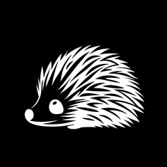 Cartoon silhouetted hedgehog logo on a black background, featuring a white hedgehog in the style of characterized animals © Dvarg