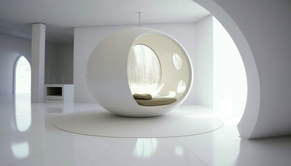 Futuristic white cosmic interior capsule hotel