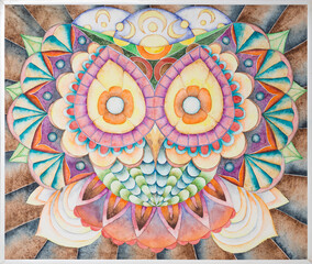 Symmetrical abstraction composition. Watercolor drawing. Mask of a fantastic image. Portrait of an alien creature.