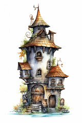 high tower castle watercolor clipart isolated on white background